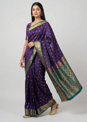 Purple Handloom Kanjivaram Pure Silk Saree With Blouse Piece