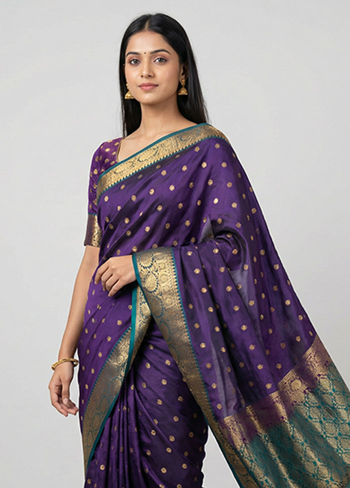 Purple Handloom Kanjivaram Pure Silk Saree With Blouse Piece
