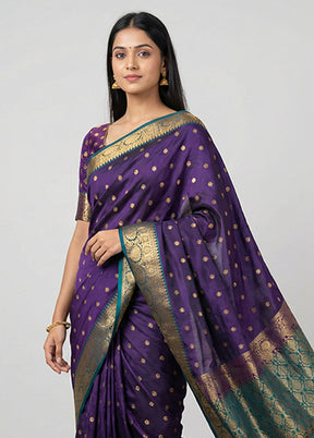 Purple Handloom Kanjivaram Pure Silk Saree With Blouse Piece