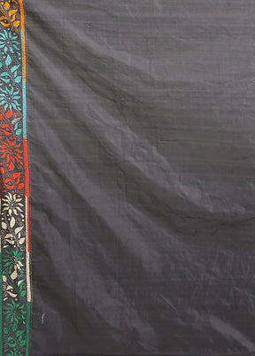 Black Kantha Stitch Silk Saree With Blouse Piece