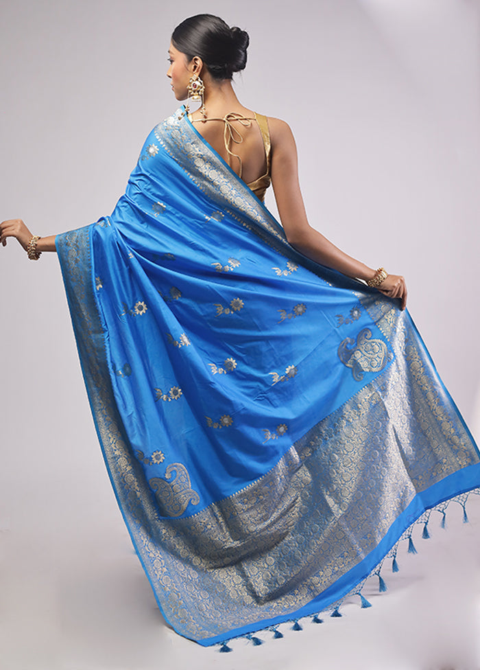 Blue Dupion Silk Saree With Blouse Piece