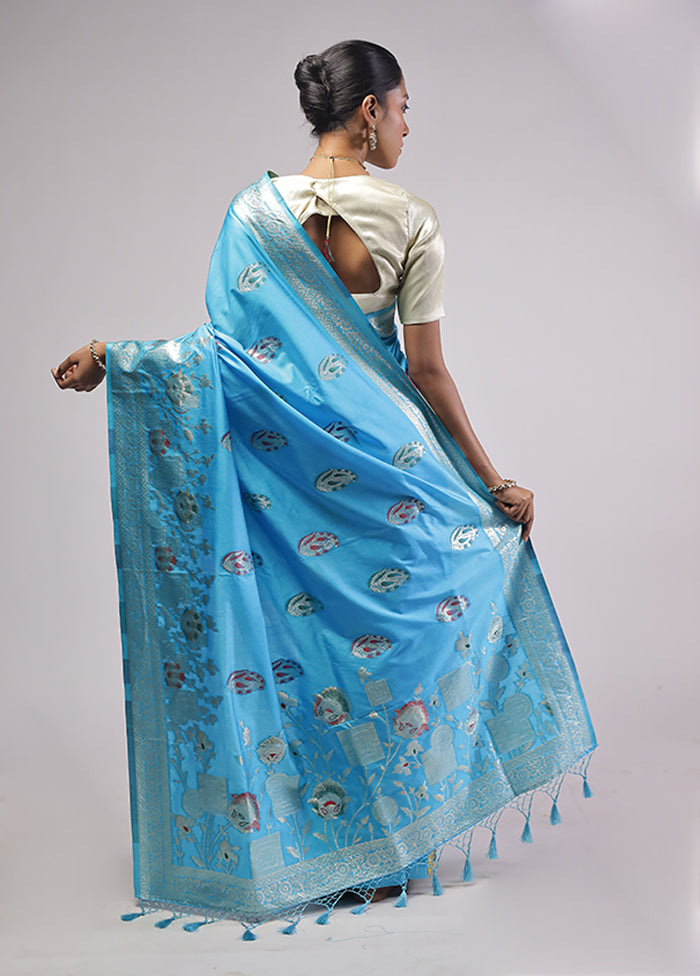 Blue Dupion Silk Saree With Blouse Piece