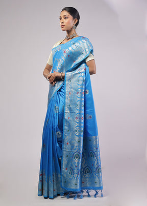Blue Dupion Silk Saree With Blouse Piece