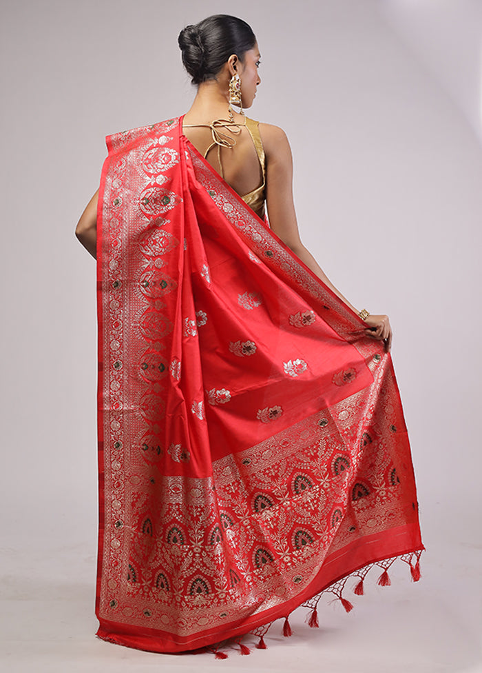 Red Dupion Silk Saree With Blouse Piece