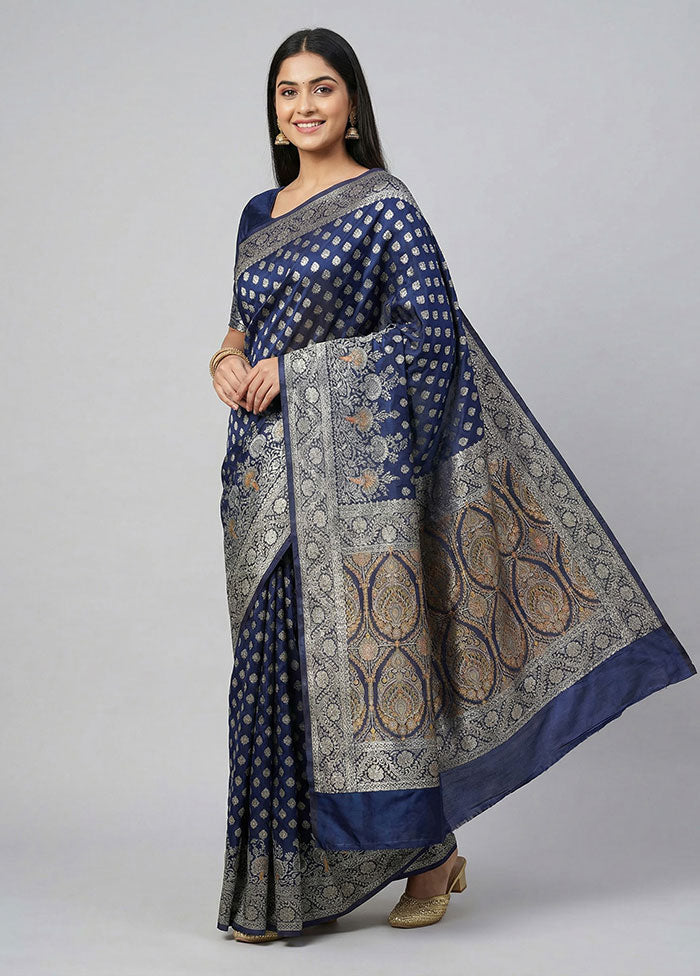 Blue Dupion Silk Saree With Blouse Piece