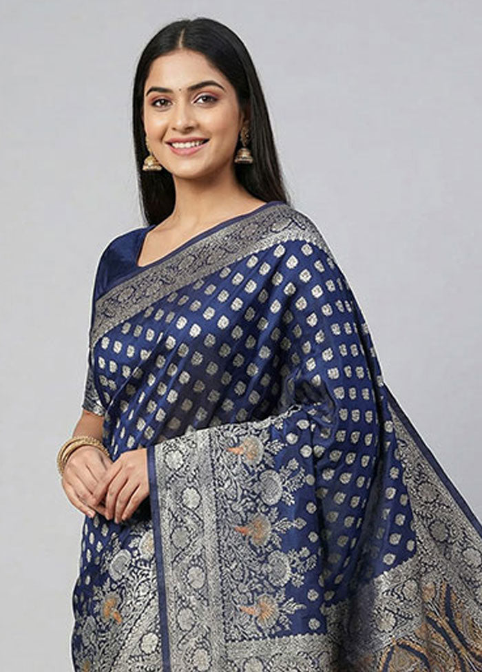 Blue Dupion Silk Saree With Blouse Piece