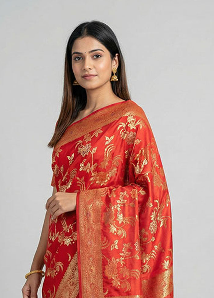 Red Dupion Silk Saree With Blouse Piece