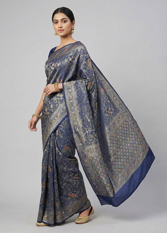 Blue Dupion Silk Saree With Blouse Piece