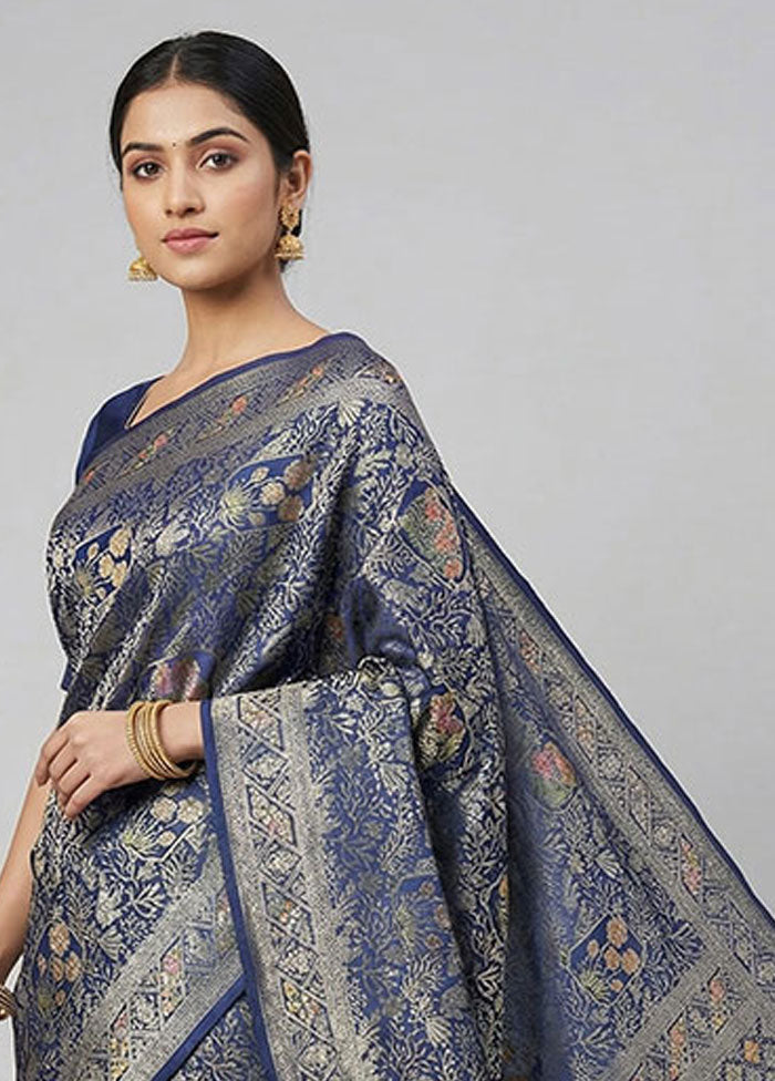Blue Dupion Silk Saree With Blouse Piece