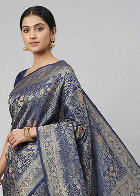 Blue Dupion Silk Saree With Blouse Piece