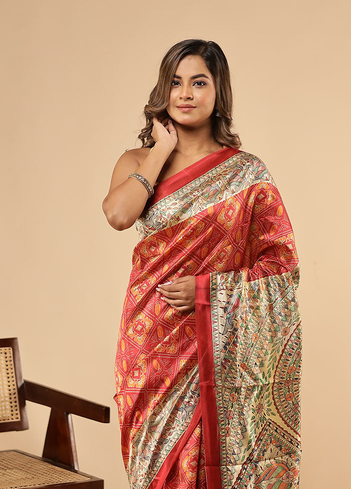 Red Printed Pure Silk Saree With Blouse Piece