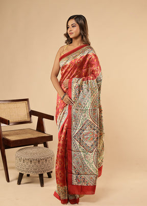 Red Printed Pure Silk Saree With Blouse Piece