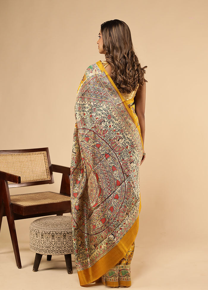 Yellow Printed Pure Silk Saree With Blouse Piece