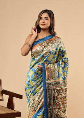 Blue Printed Pure Silk Saree With Blouse Piece
