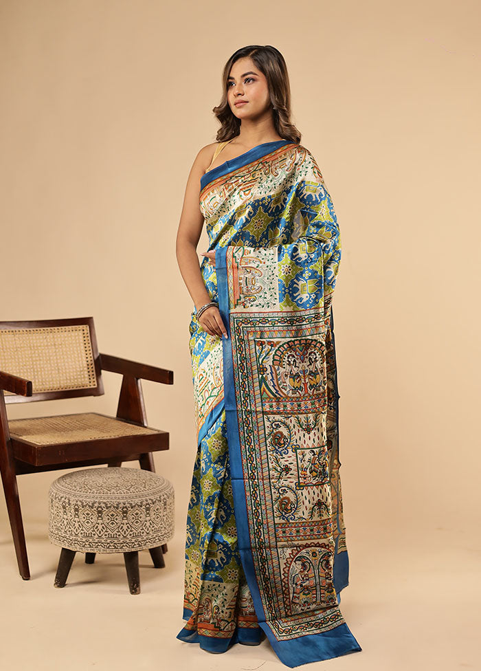 Blue Printed Pure Silk Saree With Blouse Piece