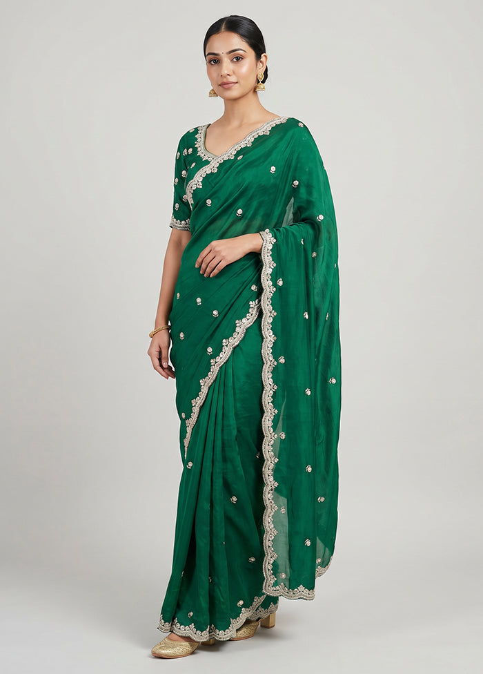 Green Handloom Pure Georgette Saree With Blouse Piece