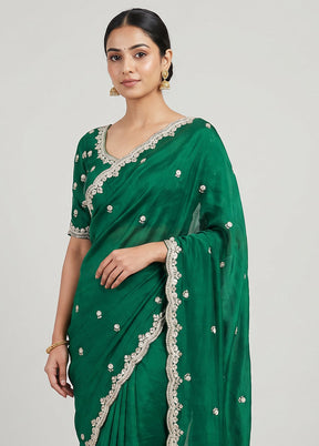 Green Handloom Pure Georgette Saree With Blouse Piece