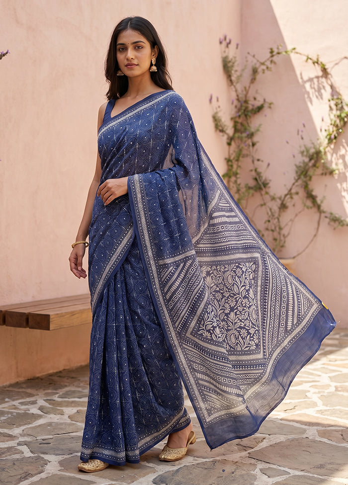 Blue Handloom Kantha Stitch Pure Silk Saree With Blouse Piece
