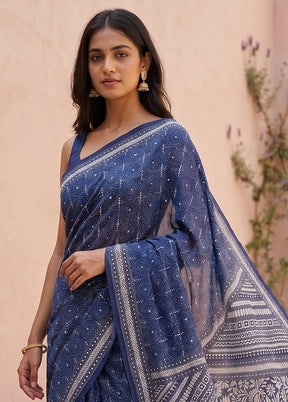 Blue Handloom Kantha Stitch Pure Silk Saree With Blouse Piece