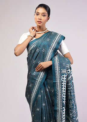 Green Handloom Kantha Stitch Pure Silk Saree With Blouse Piece