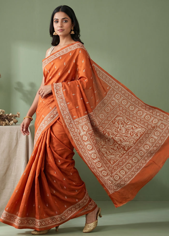 Rust Handloom Kantha Stitch Pure Silk Saree With Blouse Piece