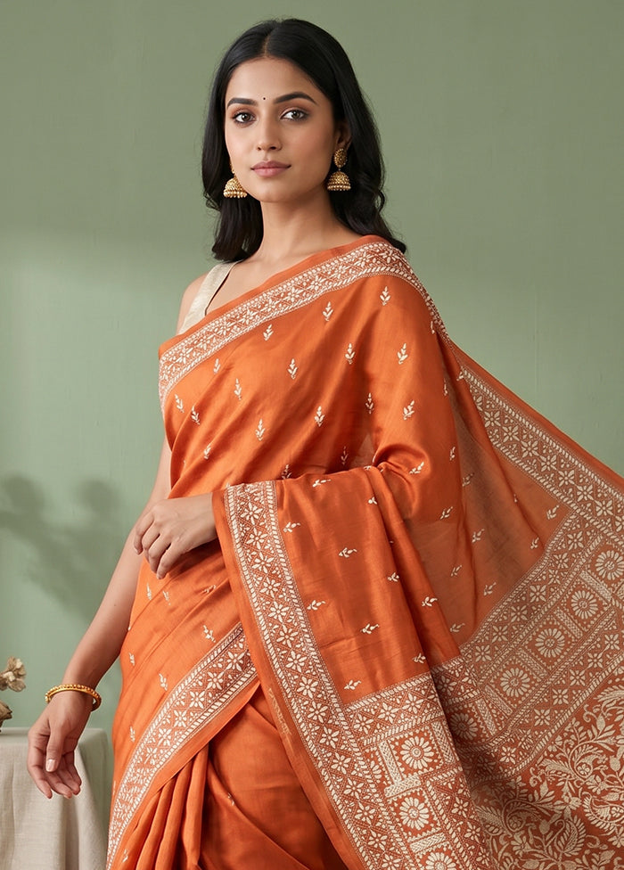 Rust Handloom Kantha Stitch Pure Silk Saree With Blouse Piece