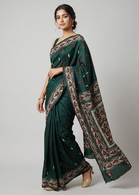 Green Handloom Kantha Stitch Pure Silk Saree With Blouse Piece