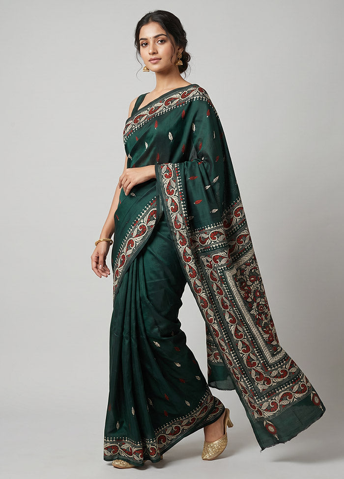 Green Handloom Kantha Stitch Pure Silk Saree With Blouse Piece