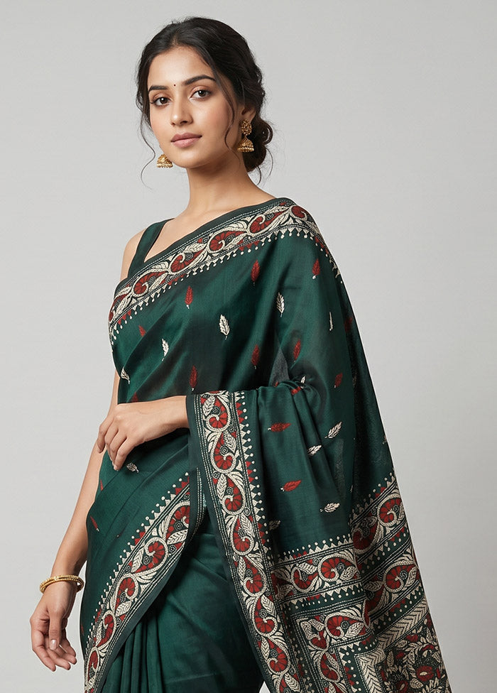 Green Handloom Kantha Stitch Pure Silk Saree With Blouse Piece
