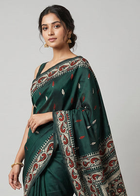 Green Handloom Kantha Stitch Pure Silk Saree With Blouse Piece