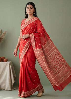 Red Handloom Kantha Stitch Pure Silk Saree With Blouse Piece