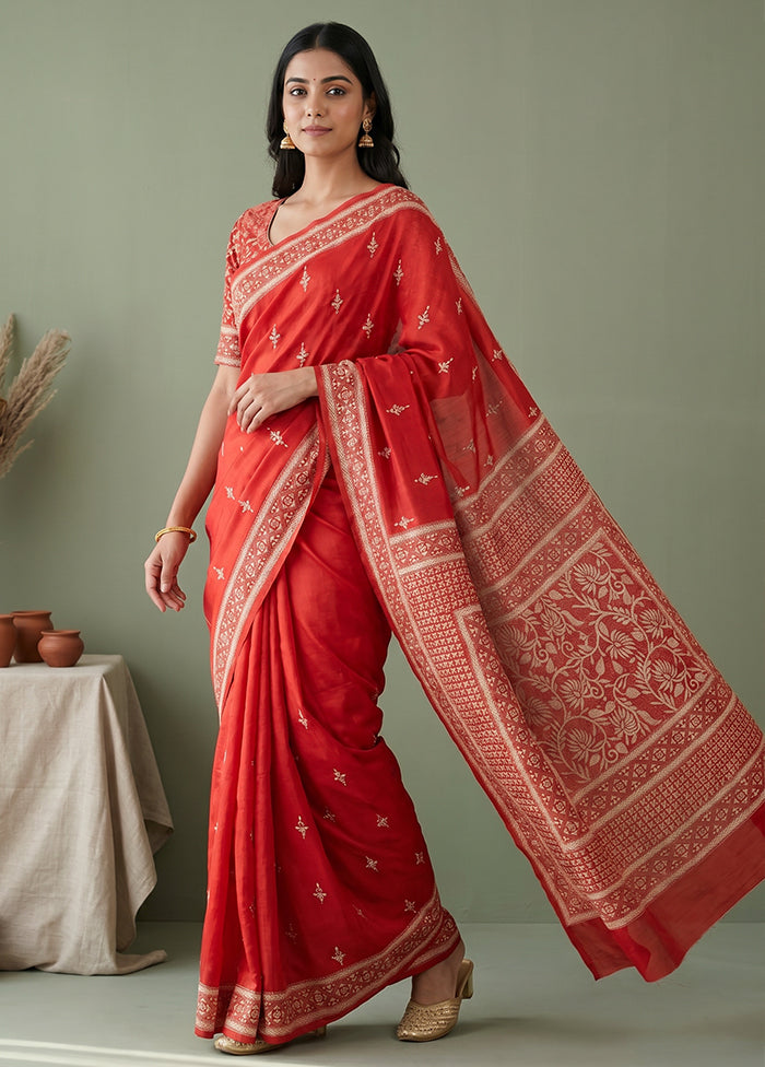 Red Handloom Kantha Stitch Pure Silk Saree With Blouse Piece