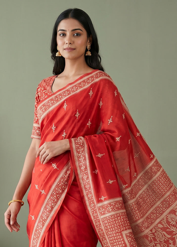 Red Handloom Kantha Stitch Pure Silk Saree With Blouse Piece