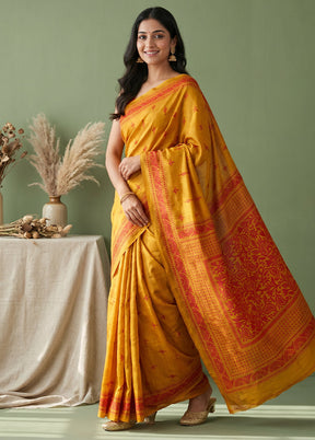 Yellow Handloom Kantha Stitch Pure Silk Saree With Blouse Piece