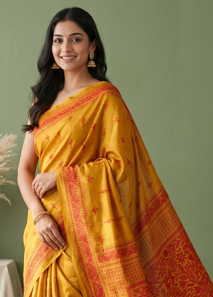 Yellow Handloom Kantha Stitch Pure Silk Saree With Blouse Piece