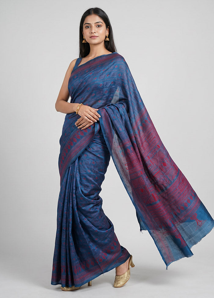 Blue Handloom Kantha Stitch Pure Silk Saree With Blouse Piece