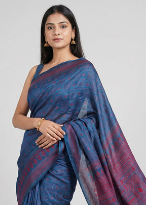 Blue Handloom Kantha Stitch Pure Silk Saree With Blouse Piece