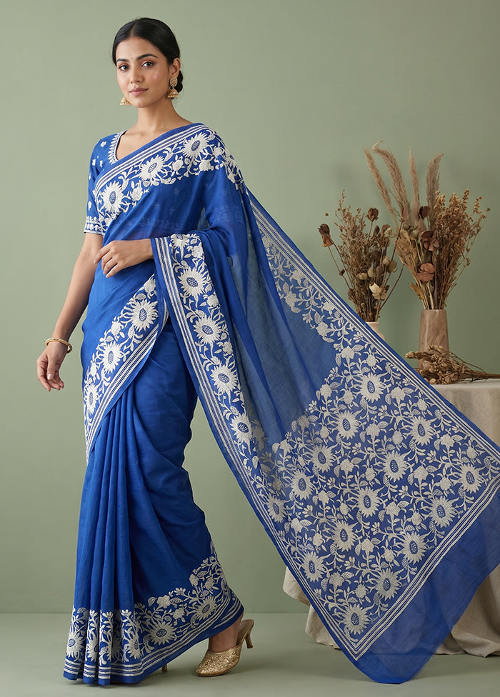 Blue Handloom Kantha Stitch Pure Silk Saree With Blouse Piece