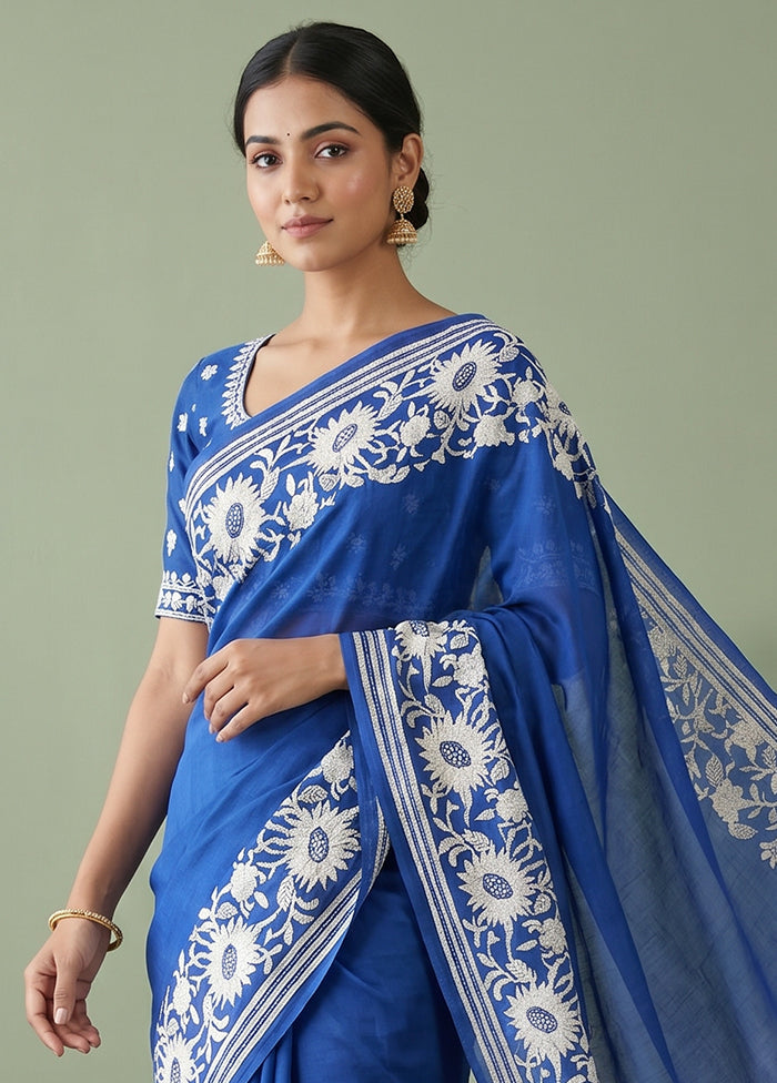 Blue Handloom Kantha Stitch Pure Silk Saree With Blouse Piece