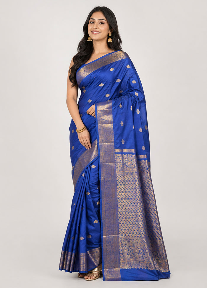 Blue Handloom Kanjivaram Pure Silk Saree With Blouse Piece