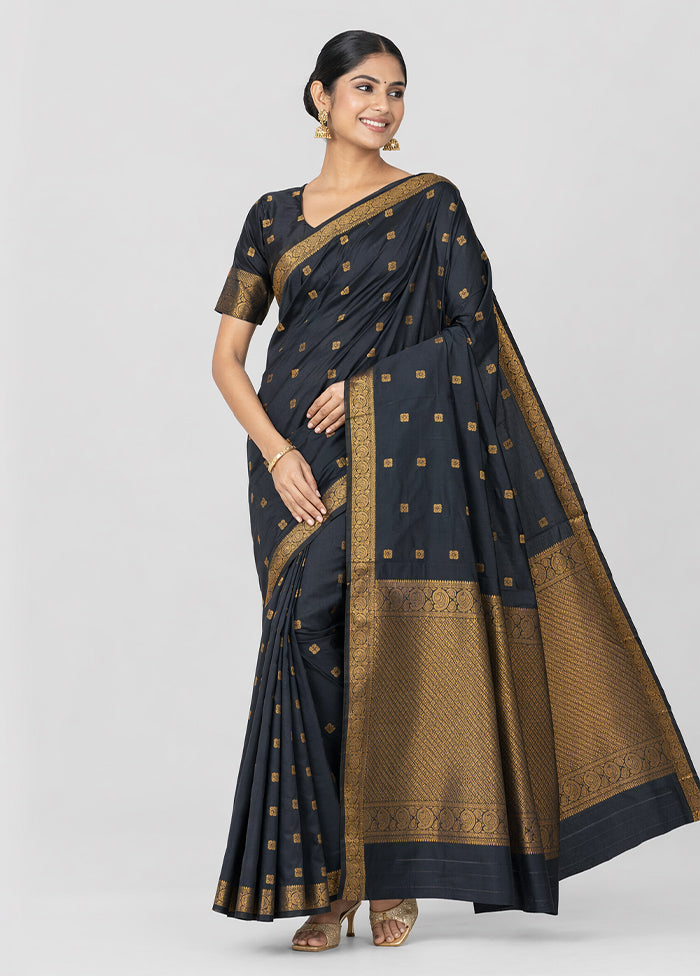 Black Handloom Kanjivaram Pure Silk Saree With Blouse Piece