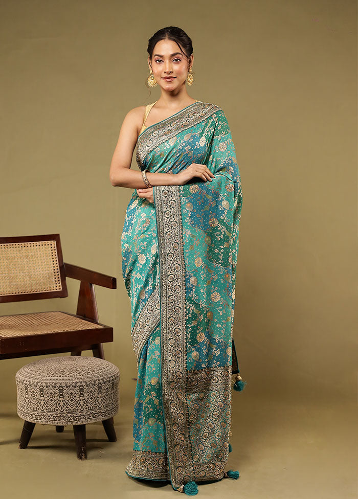 Green Handloom Pure Georgette Saree With Blouse Piece