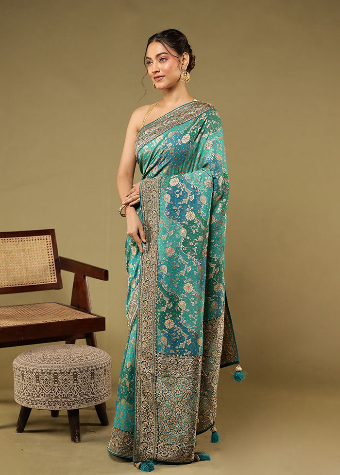 Green Handloom Pure Georgette Saree With Blouse Piece