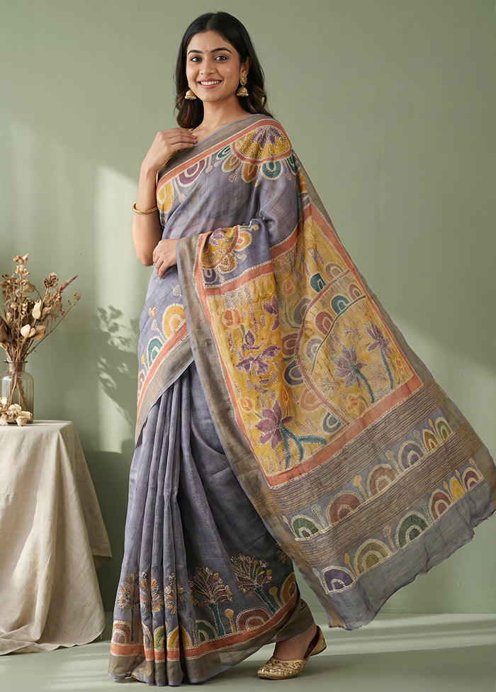 Cream Handloom Tussar Pure Silk Saree With Blouse Piece
