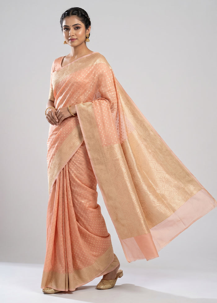 Peach Kora Silk Saree With Blouse Piece