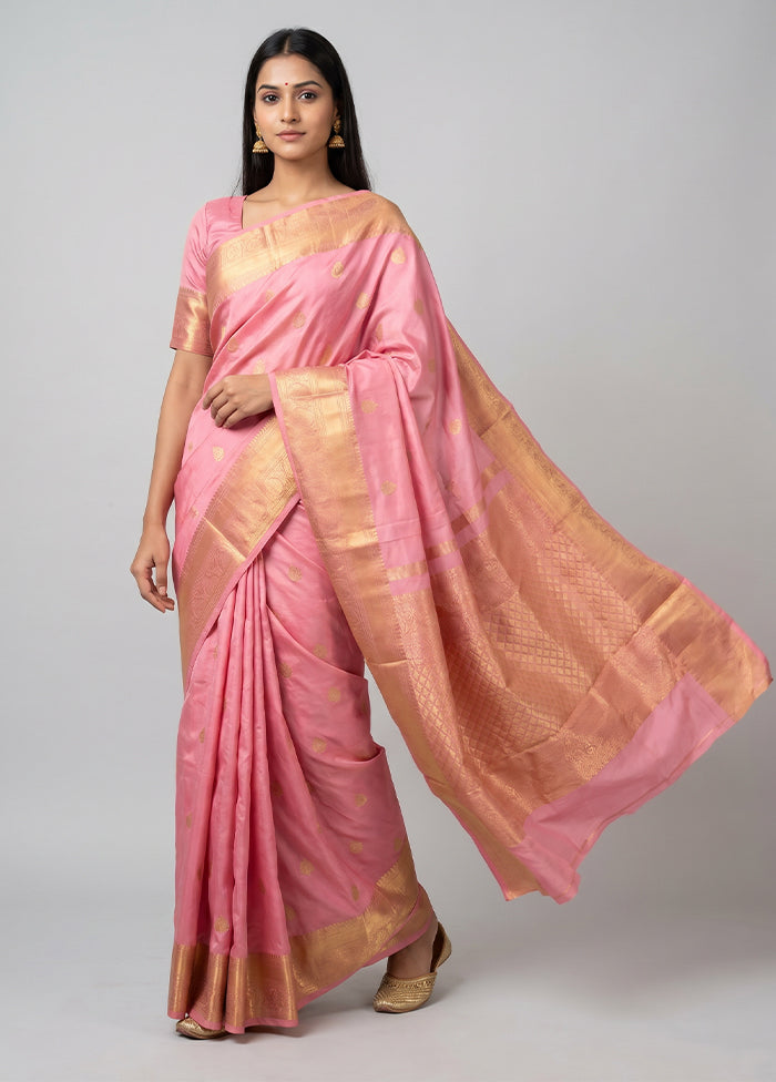 Pink Handloom Kanjivaram Pure Silk Saree With Blouse Piece