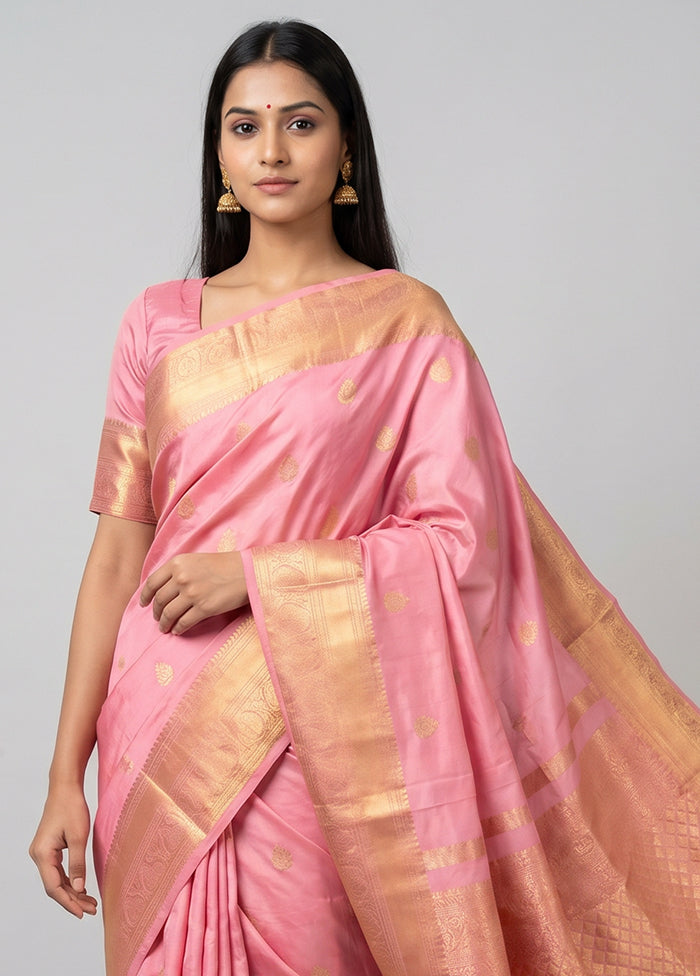Pink Handloom Kanjivaram Pure Silk Saree With Blouse Piece