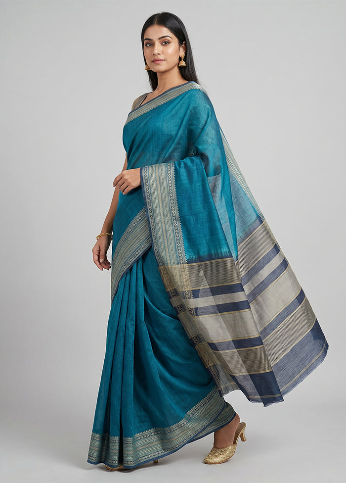 Blue Handloom Tussar Pure Silk Saree With Blouse Piece