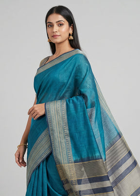Blue Handloom Tussar Pure Silk Saree With Blouse Piece