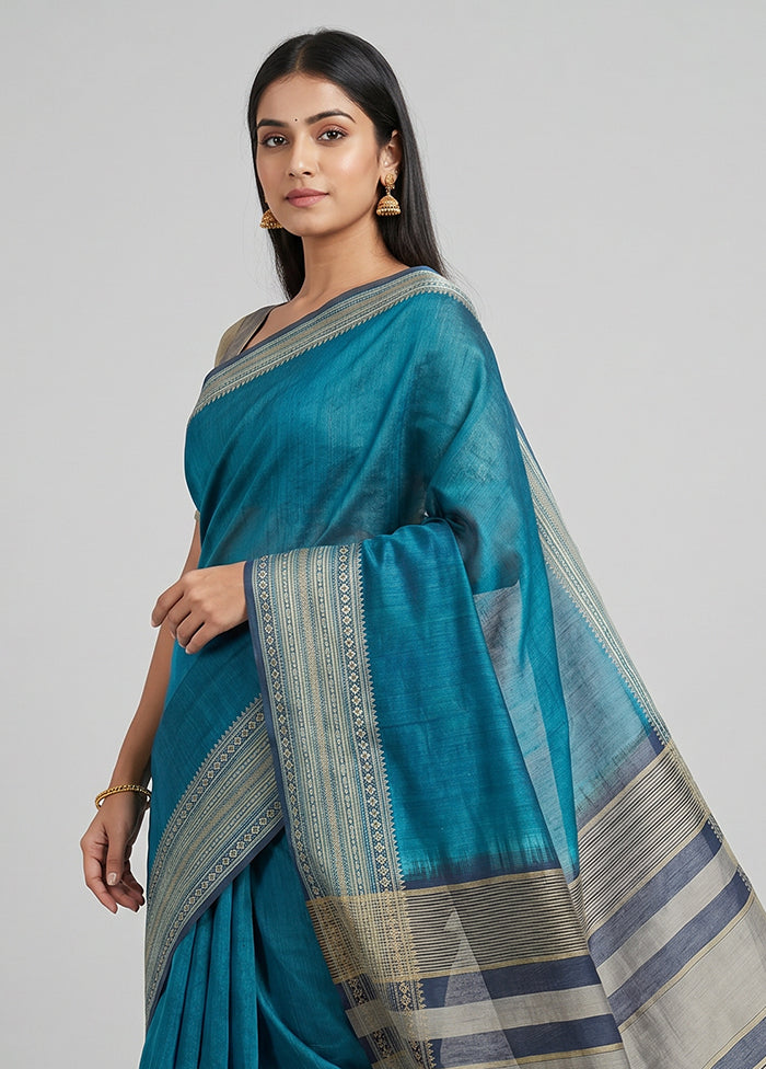 Blue Handloom Tussar Pure Silk Saree With Blouse Piece